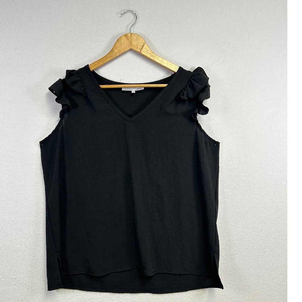 Cest La Vie Black Flutter Sleeve V Neck Top Womens Size Large Textured Casual